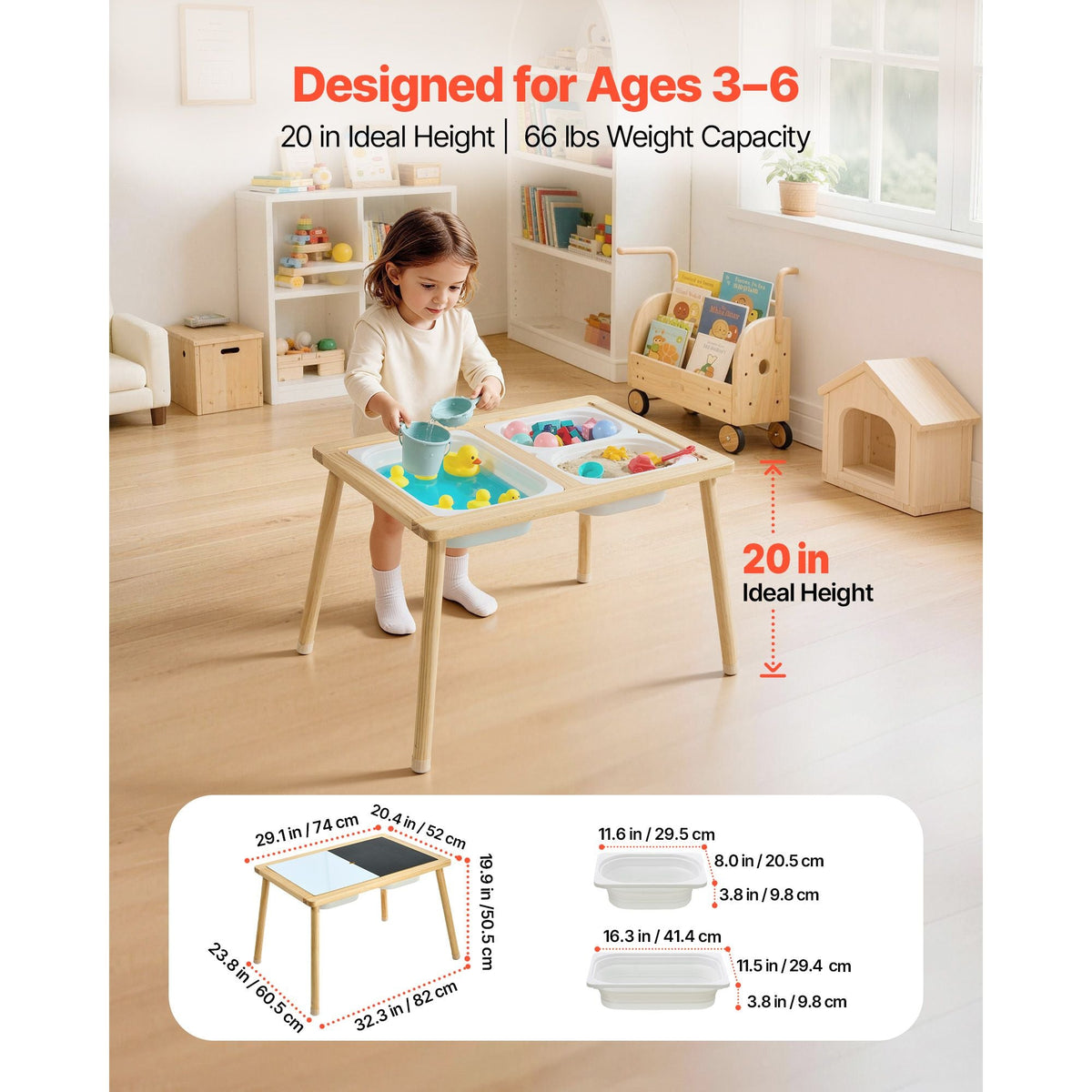 Sensory Table for Toddlers, Wooden Kids Activity Table with Reversible Double-Sided Board, Storage Bins, and Non-Slip Feet, for Boys and Girls Playing Sand and Water, Drawing, Studying, Dining
