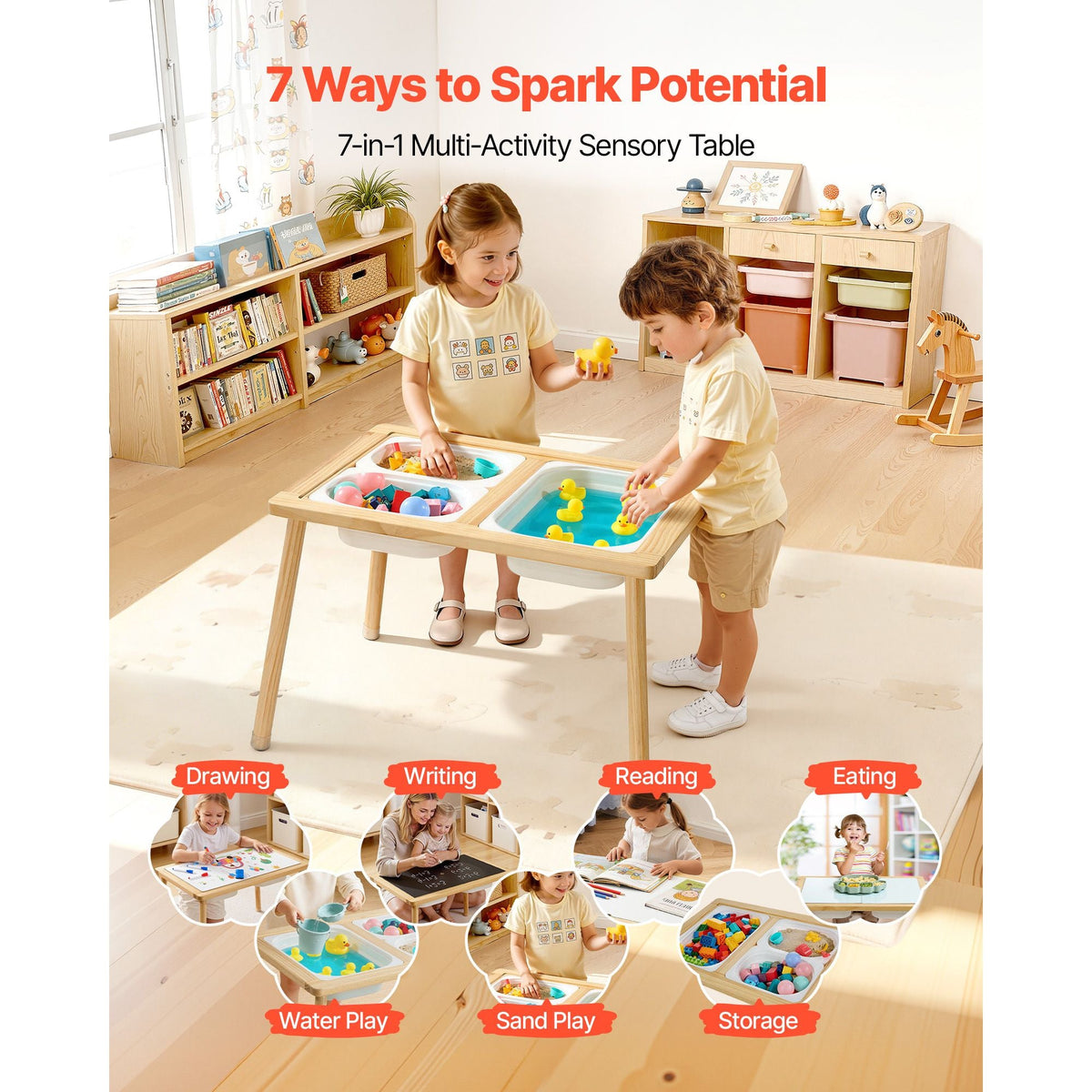 Sensory Table for Toddlers, Wooden Kids Activity Table with Reversible Double-Sided Board, Storage Bins, and Non-Slip Feet, for Boys and Girls Playing Sand and Water, Drawing, Studying, Dining