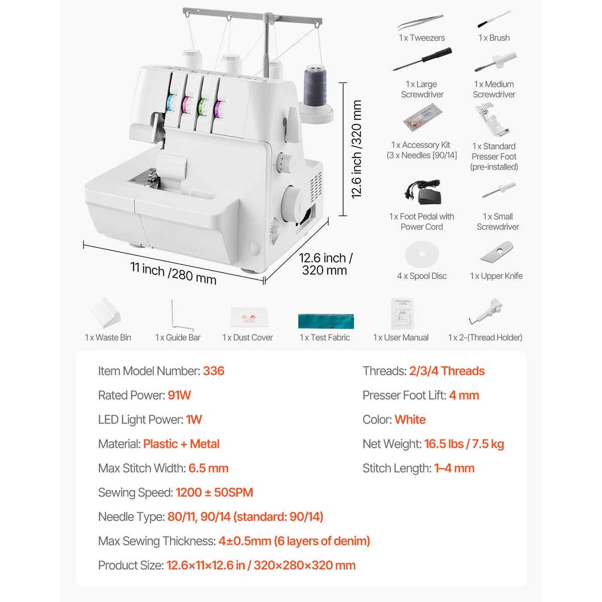 Serger Overlock Sewing Machine, 1250 Stitches Per Minute, 2-3-4 Thread Capability, 0.7-2 Adjustable Differential Feed, with Free Arm and LED Light, Sewing Machine for Various Fabrics, White