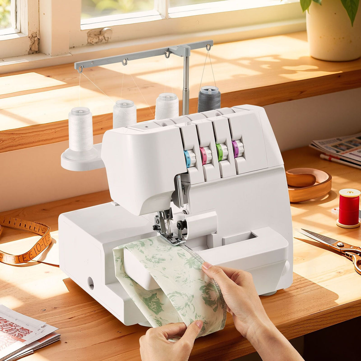 Serger Overlock Sewing Machine, 1250 Stitches Per Minute, 2-3-4 Thread Capability, 0.7-2 Adjustable Differential Feed, with Free Arm and LED Light, Sewing Machine for Various Fabrics, White