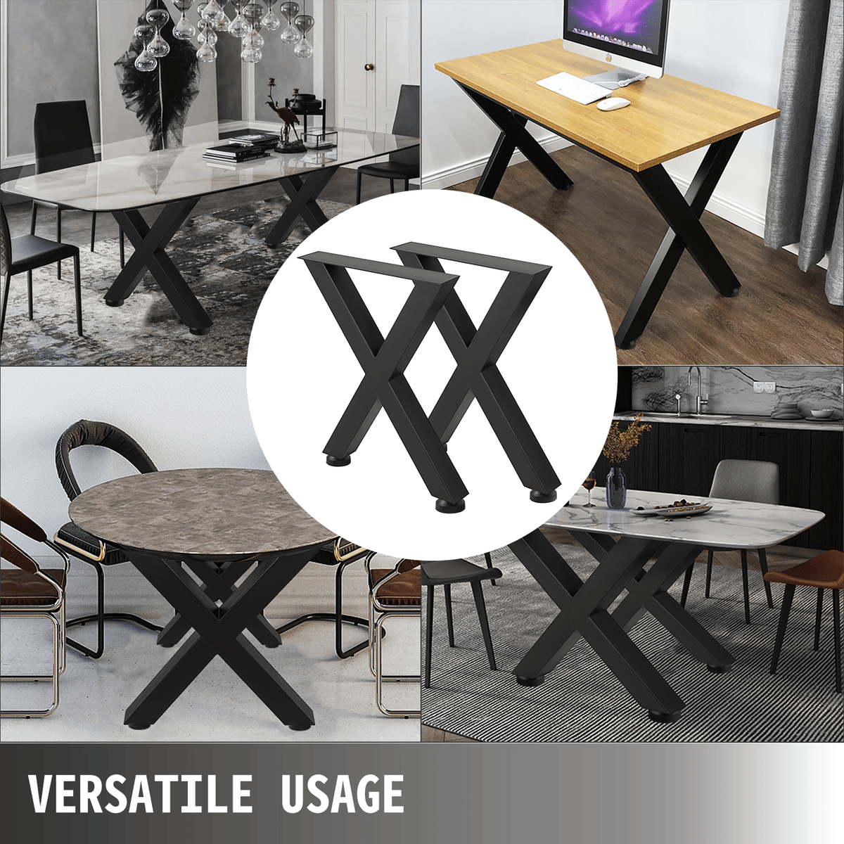 Set of 2 Steel Table Legs, 16\'\'Height 15\'\'Wide Dining Table Legs, Heavy Duty 3.1\" Square Box Section X Frame Table Legs, 16x15x3.1 Inch Black Color Industrial Country Style Metal Dining Leg