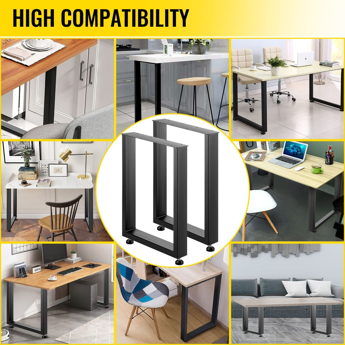 Set of 2 Steel Table Legs, 28''Height 24''Wide Dining Table Legs, Heavy Duty 3.1" Width Box Section Square Table Legs, 28x24x3.1 Inch Black Color Industrial Country Style Metal Dining Legs
