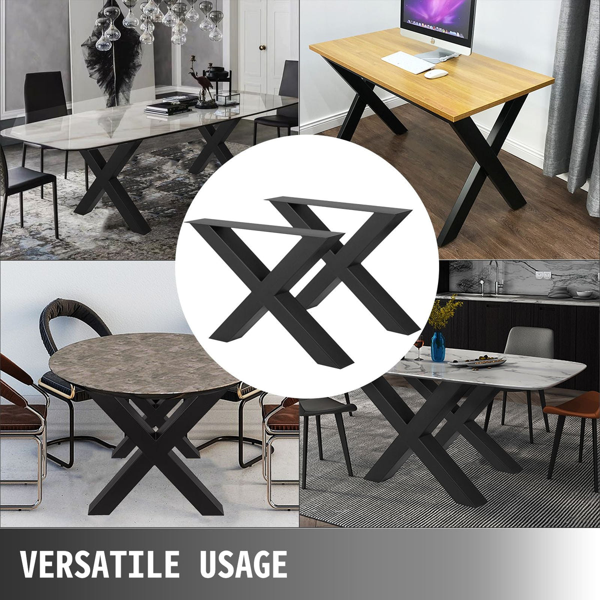 Set of 2 Steel Table Legs, 28\'\'Height 30\'\'Wide Dining Table Legs, Heavy Duty 3.1\" Square Box Section X Frame Table Legs, 28x30x3.1 Inch Black Color Industrial Country Style Metal Dining Leg