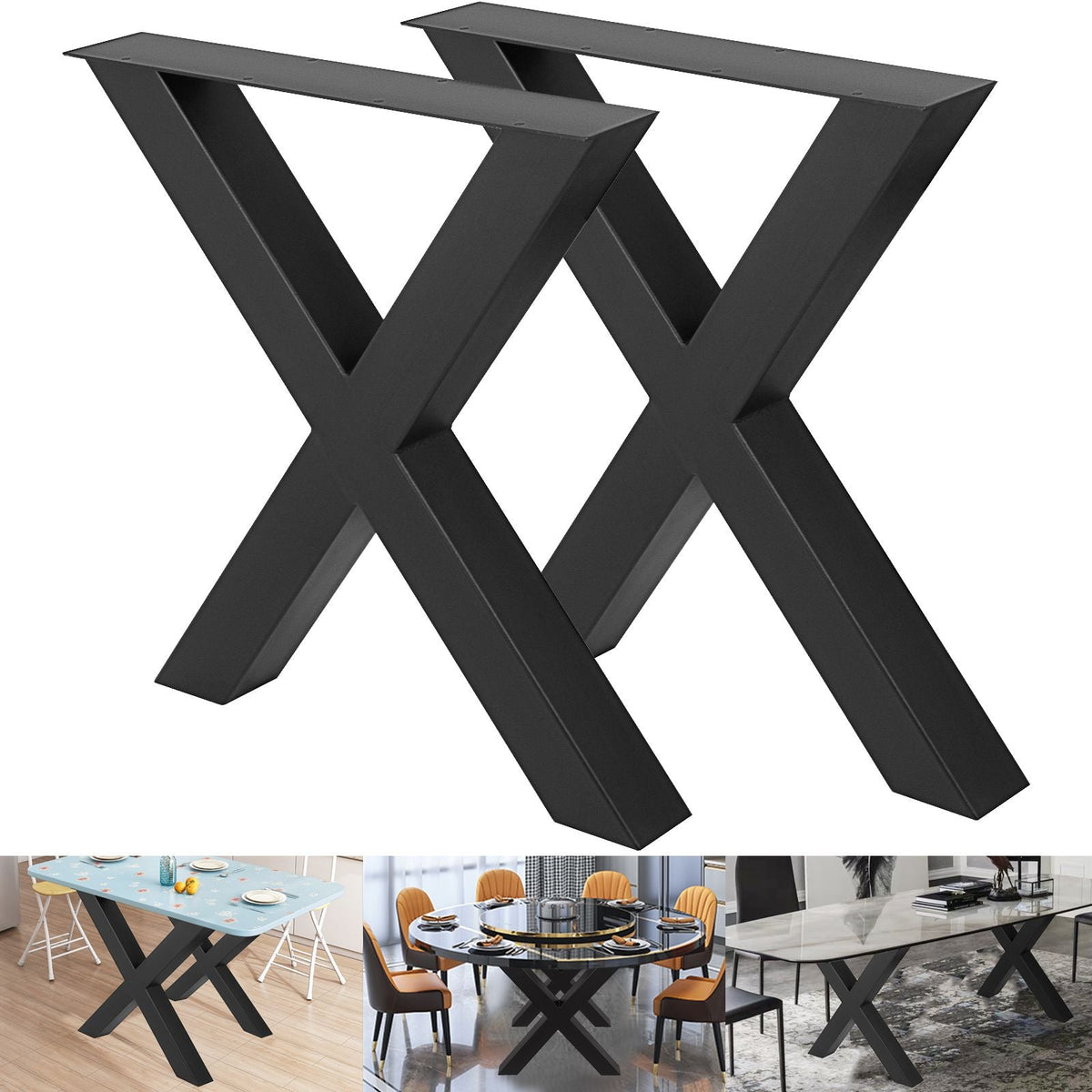 Set of 2 Steel Table Legs, 28\'\'Height 31\'\'Wide Dining Table Legs, Heavy Duty 3.1\" Square Box Section X Frame Table Legs, 28x31x3.1 Inch Black Color Industrial Country Style Metal Dining Leg