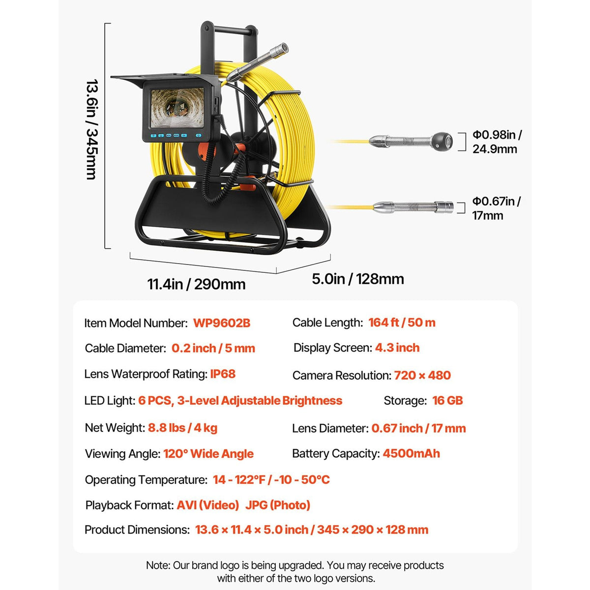 Sewer Camera, 164 ft/50m, 4.3" Drain Inspection Camera, IP68 Waterproof Snake Plumbing Camera with Lights - 6 Adjustable LEDs, 4500mAh Battery & 16GB Card for Sewer Line Duct Pipes