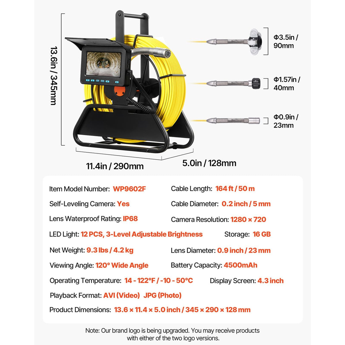Sewer Camera, 164 ft/50m, Self-Leveling Drain Inspection Camera with 4.3" 1080P HD Screen, IP68 Waterproof Snake Plumbing Camera with Lights - 12 LEDs & 16GB Card for Sewer Line Duct Pipe