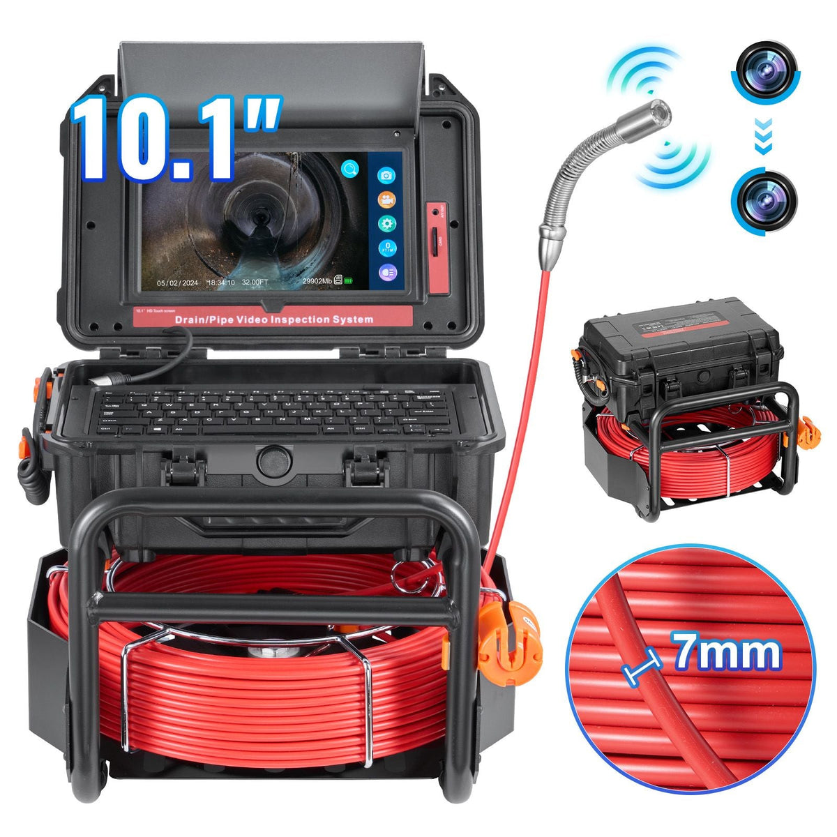 Sewer Camera, 165 ft/50m, Self-Leveling Drain Camera with 10.1" Touchscreen, 512Hz Transmitter & Distance Counter, IP67 Snake Plumbing Camera with Lights-12 LED, 32GB Card for Duct Pipe