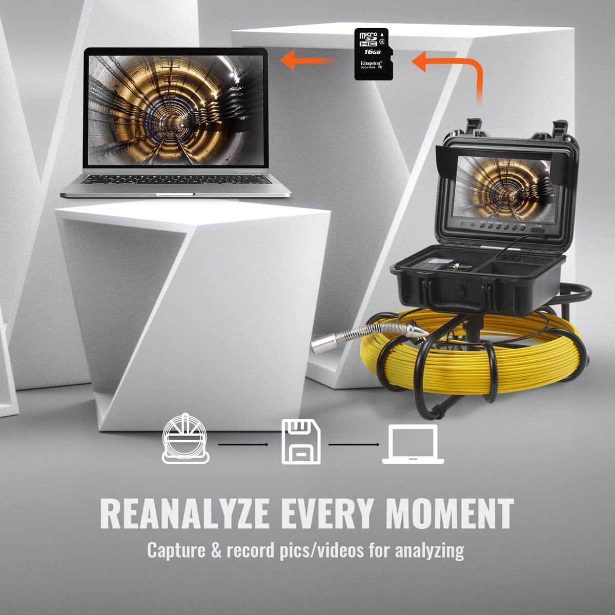 Sewer Camera, 230 ft/70 m, 9" Screen Pipeline Inspection Camera with DVR Function, Waterproof IP68 Camera with 12 Adjustable LEDs, with a 16GB SD Card, for Sewer Line, Home, Duct Drain Pipe Plum