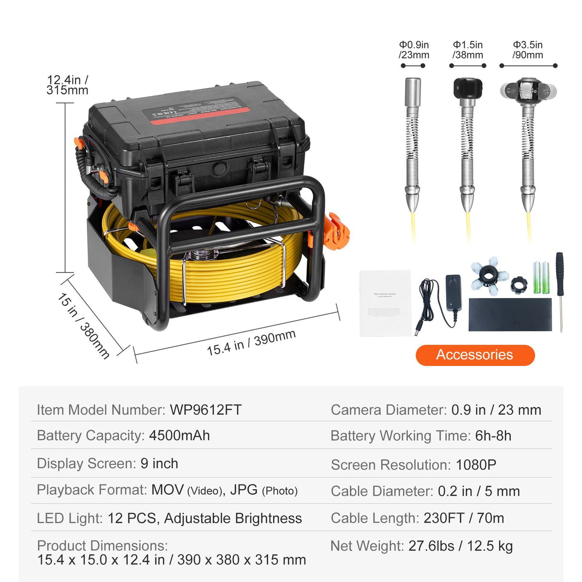 Sewer Camera, 230 ft/70m, Self-Leveling Drain Camera with 512Hz Transmitter, Distance Counter, 9" Screen 1080P HD Snake Plumbing Camera with Light-12 LED & 32GB Card for Duct Pipe