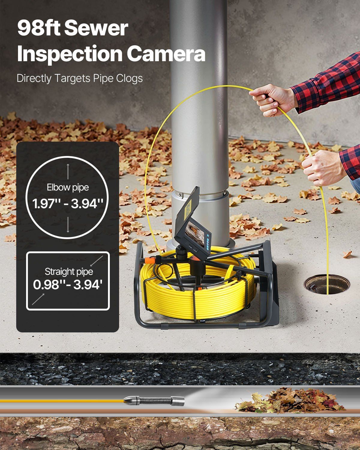 Sewer Camera 30M Cable Pipeline Inspection Camera 11cm TFT LCD Monitor Pipe Camera Screen Waterproof IP68 Duct Inspection Camera with 6PCS LEDs 8500MAH Lithium Battery, DVR Function, 30M