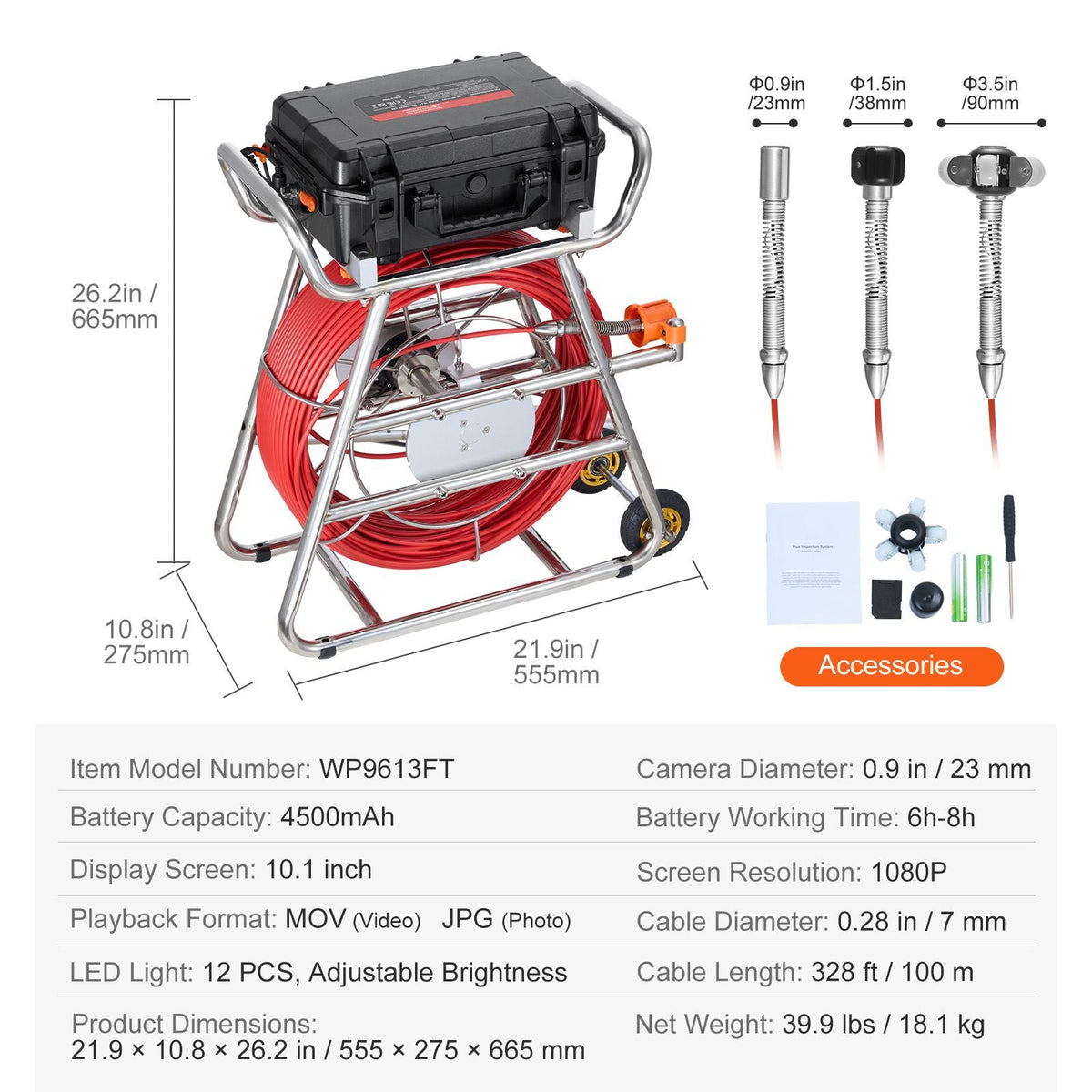 Sewer Camera, 328 ft/100m, Self-Leveling Drain Camera with 10.1" Touchscreen, 512Hz Transmitter & Distance Counter, IP67 Snake Plumbing Camera with Lights-12 LED, 32GB Card for Duct Pipe