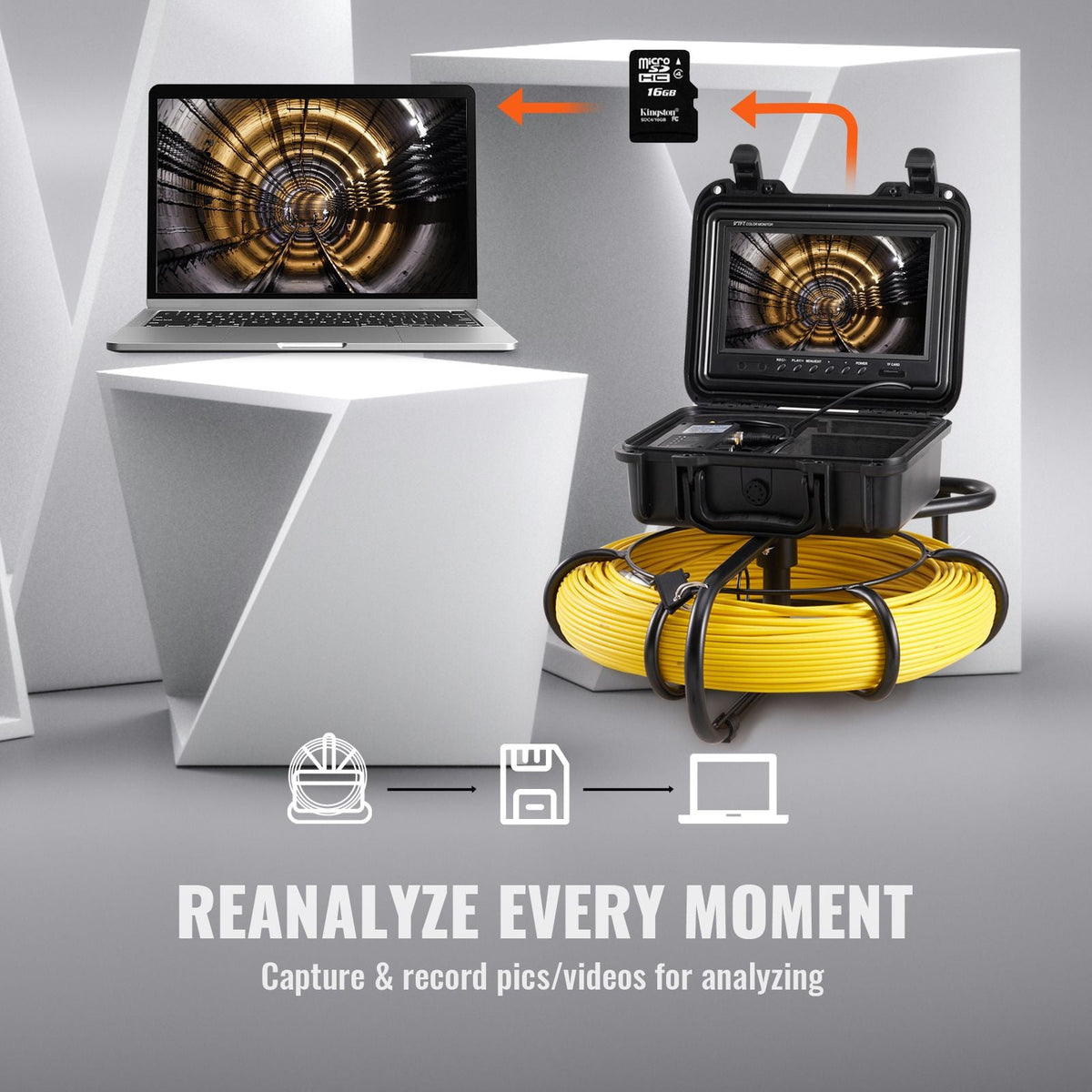 Sewer Camera, 393 ft/120 m, 9" Screen Pipeline Inspection Camera with DVR Function, Waterproof IP68 Camera with 12 Adjustable LEDs, with a 16 GB SD Card, for Sewer Line, Home, Duct Drain Pipe