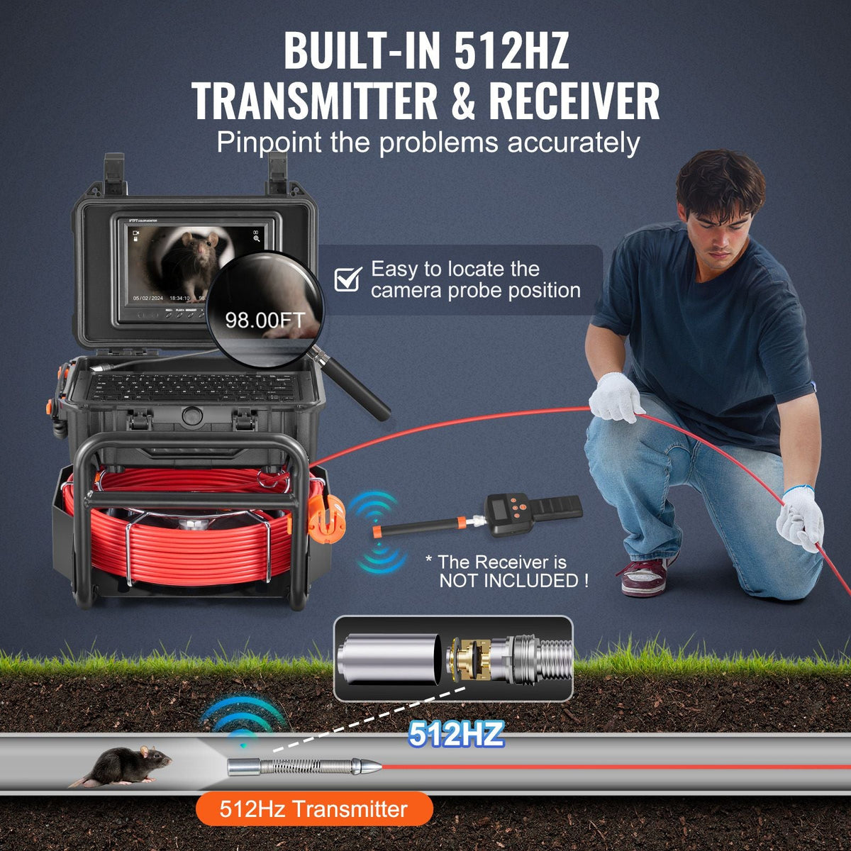 Sewer Camera, 98 ft/30m, Self-Leveling Drain Camera with 512Hz Transmitter, Distance Counter, 9" Screen 1080P HD Snake Plumbing Camera with Light-12 LED & 32GB Card for Duct Pipe