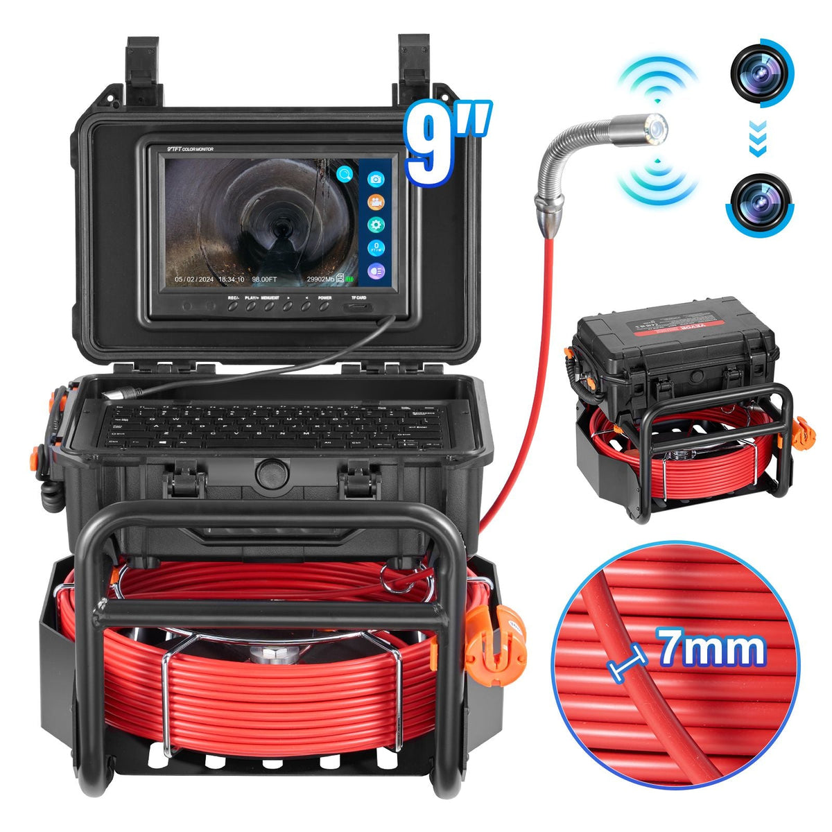Sewer Camera, 98 ft/30m, Self-Leveling Drain Camera with 512Hz Transmitter, Distance Counter, 9" Screen 1080P HD Snake Plumbing Camera with Light-12 LED & 32GB Card for Duct Pipe