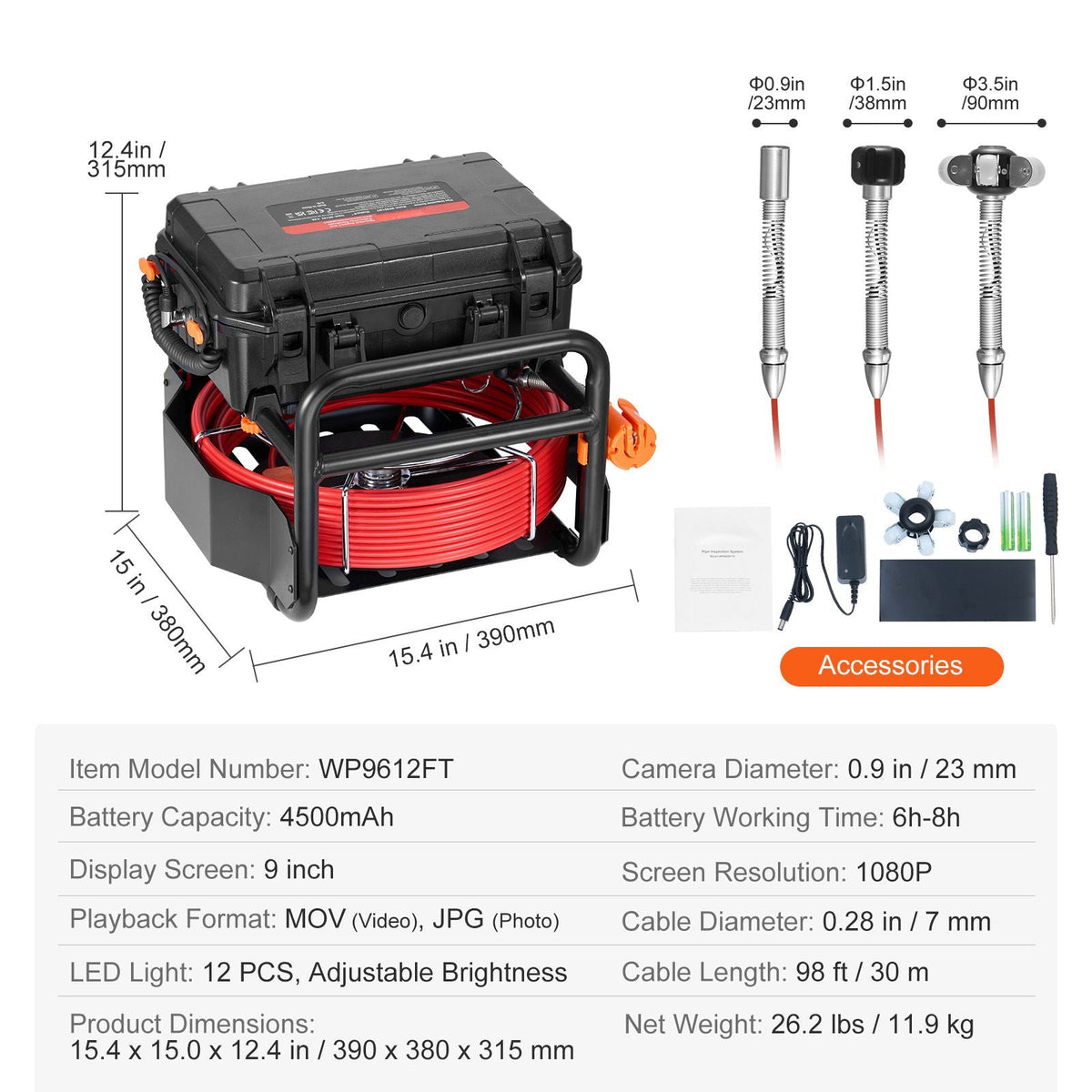 Sewer Camera, 98 ft/30m, Self-Leveling Drain Camera with 512Hz Transmitter, Distance Counter, 9" Screen 1080P HD Snake Plumbing Camera with Light-12 LED & 32GB Card for Duct Pipe