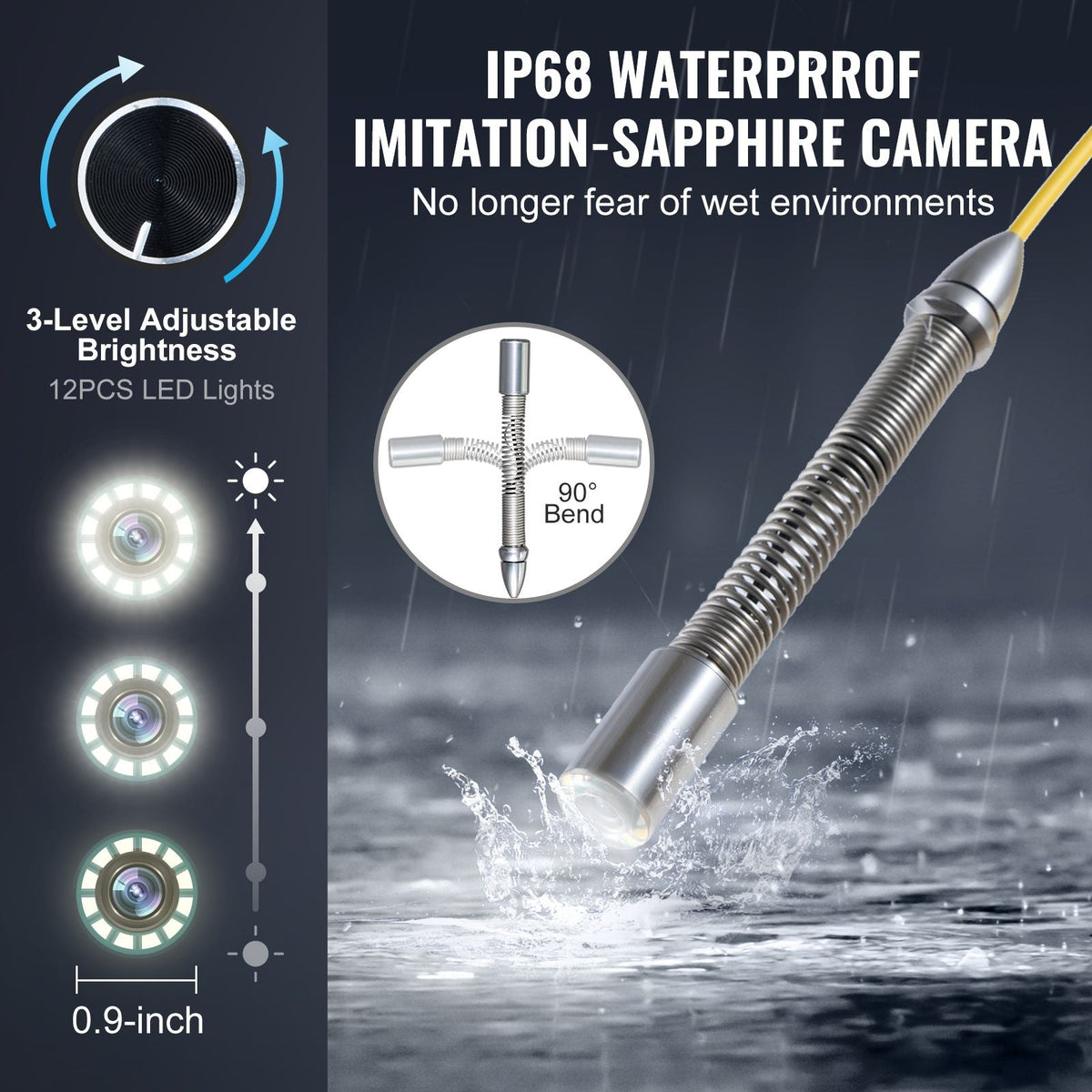 Sewer Camera, 98 ft/30m, Self-Leveling Drain Camera with 512Hz Transmitter, Distance Counter, 9" Screen 1080P HD Snake Plumbing Camera with Light-12 LED & 32GB Card for Duct Pipe