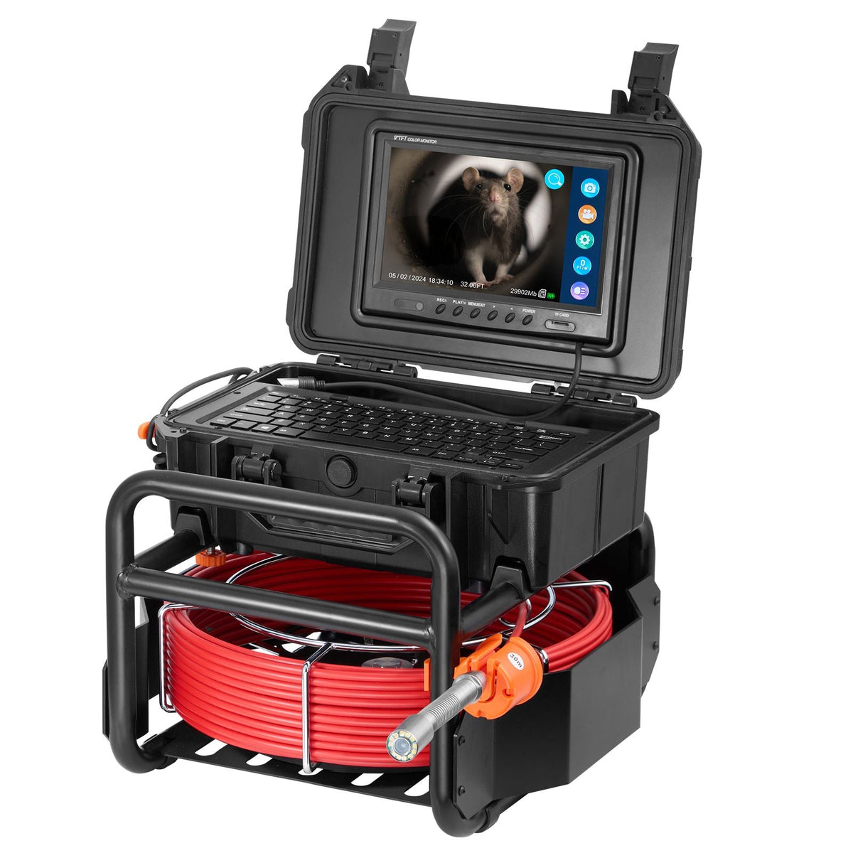 Sewer Camera, 98 ft/30m, Self-Leveling Drain Camera with 512Hz Transmitter, Distance Counter, 9" Screen 1080P HD Snake Plumbing Camera with Light-12 LED & 32GB Card for Duct Pipe