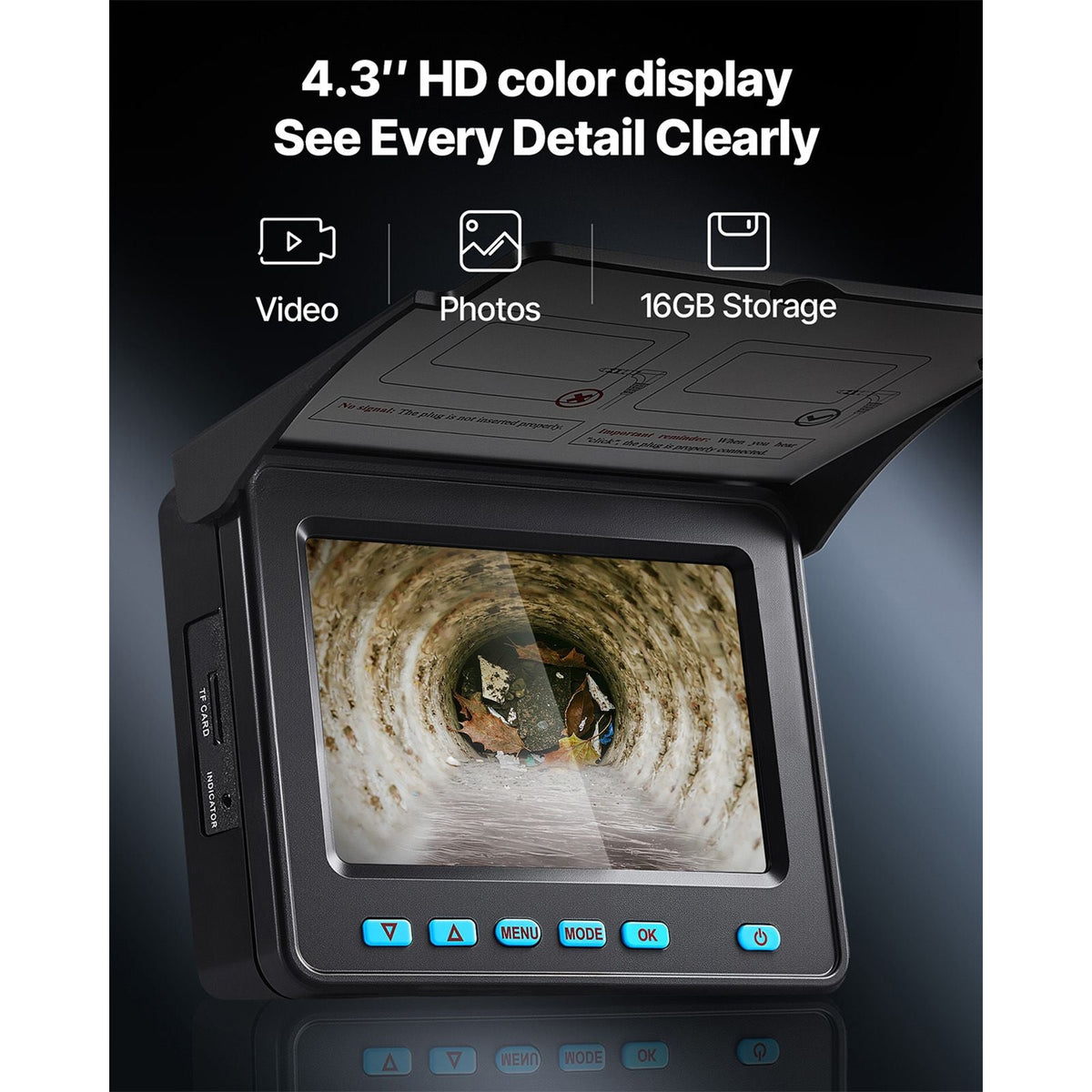 Sewer Camera, 98 ft/30m, Self-Leveling Drain Inspection Camera with 4.3" 1080P HD Screen, IP68 Waterproof Snake Plumbing Camera with Lights - 12 LEDs & 16GB Card for Sewer Line Duct Pipe
