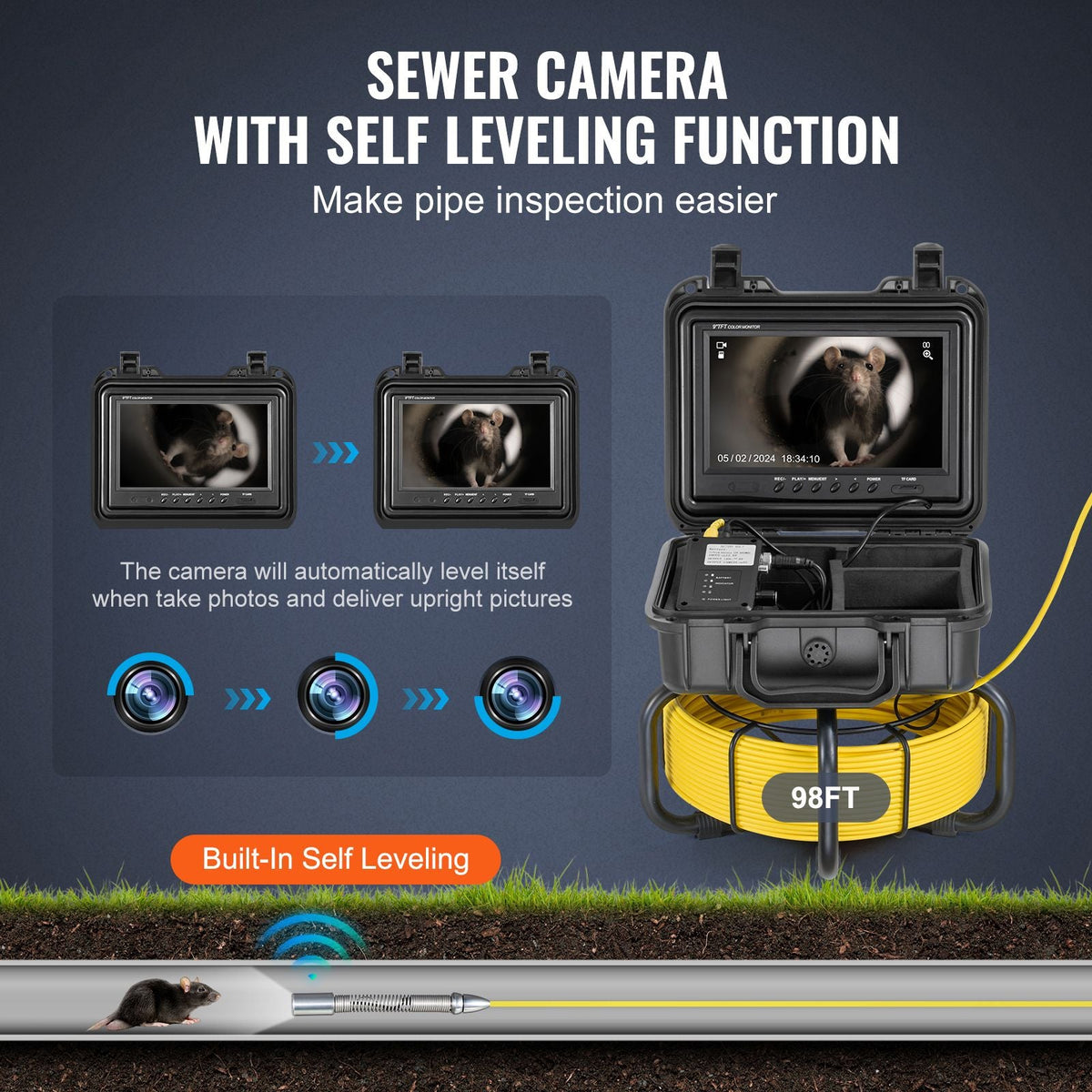 Sewer Camera, 98 ft/30m, Self-Leveling Drain Inspection Camera with 9" 1080P HD Screen, 36X Zoom, IP68 Waterproof Plumbing Camera with Lights-12 LED, 32GB Card Snake Camera for Duct Pipe