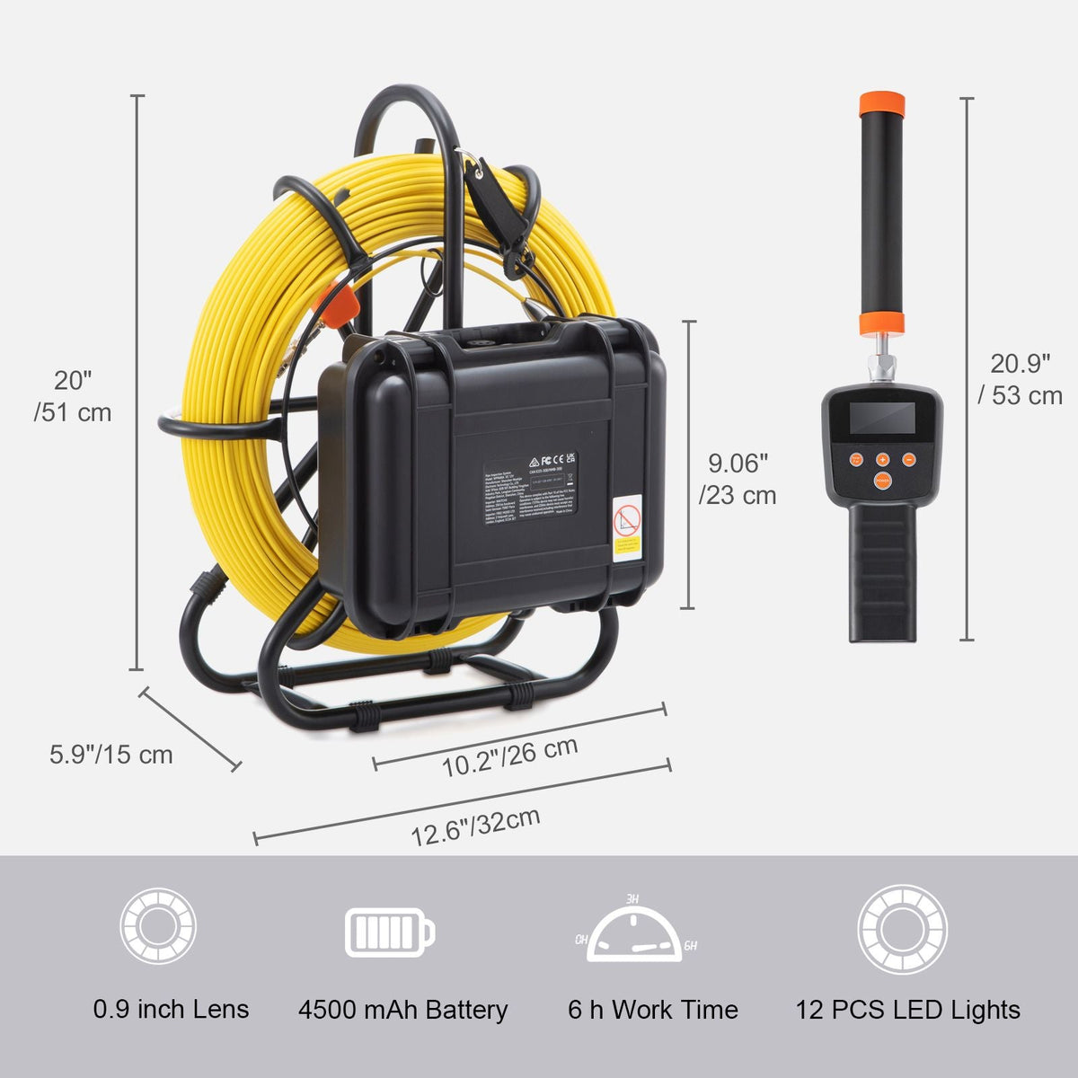 Sewer Camera with 512Hz Locator, 164 ft/50 m, 9" Pipeline Inspection Camera with DVR Function, IP68 Camera with 12 Adjustable LEDs, A 16 GB SD Card for Sewer Line, Home, Duct Drain Pipe Plumbing