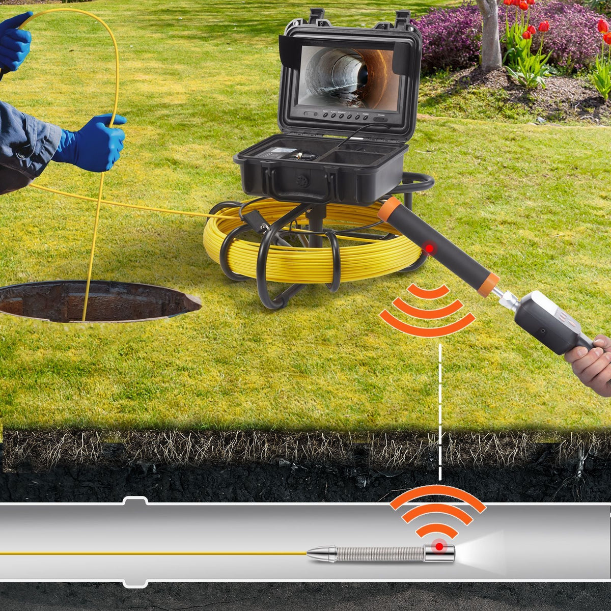 Sewer Camera with 512Hz Locator, 164 ft/50 m, 9" Pipeline Inspection Camera with DVR Function, IP68 Camera with 12 Adjustable LEDs, A 16 GB SD Card for Sewer Line, Home, Duct Drain Pipe Plumbing
