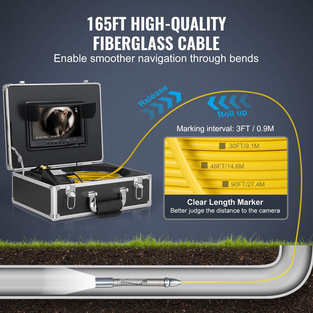 Sewer Camera with 512Hz Locator, 165 ft/50 m, 9" Drain Inspection Camera with Self-Leveling, 36X Zoom, Plumbing Camera with Lights-12 LED, 32GB Card, IP68 Waterproof Snake Camera for Duct Pipe