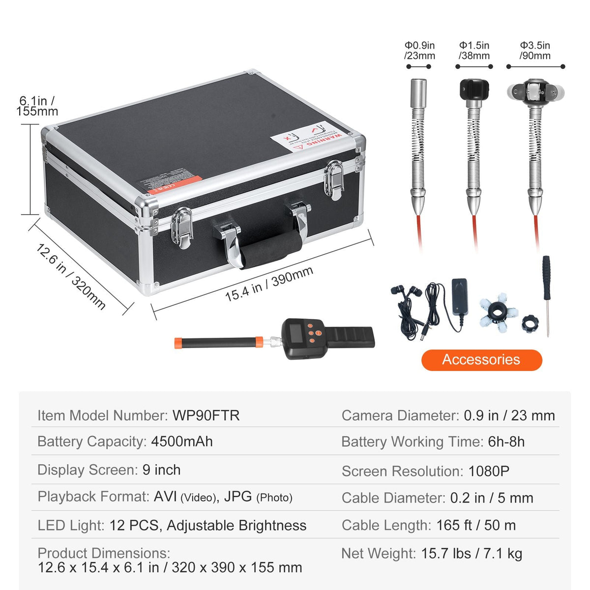 Sewer Camera with 512Hz Locator, 165 ft/50 m, 9" Drain Inspection Camera with Self-Leveling, 36X Zoom, Plumbing Camera with Lights-12 LED, 32GB Card, IP68 Waterproof Snake Camera for Duct Pipe