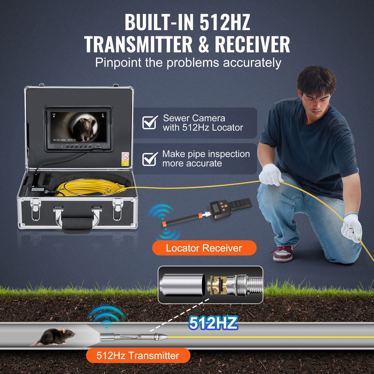 Sewer Camera with 512Hz Locator, 165 ft/50 m, 9" Drain Inspection Camera with Self-Leveling, 36X Zoom, Plumbing Camera with Lights-12 LED, 32GB Card, IP68 Waterproof Snake Camera for Duct Pipe