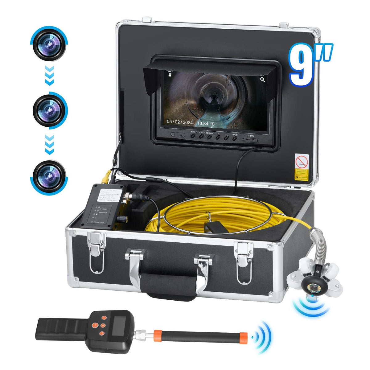 Sewer Camera with 512Hz Locator, 98 ft/30 m, 9" Drain Inspection Camera with Self-Leveling, 36X Zoom, Plumbing Camera with Lights-12 LED, 32GB Card, IP68 Waterproof Snake Camera for Duct Pipe