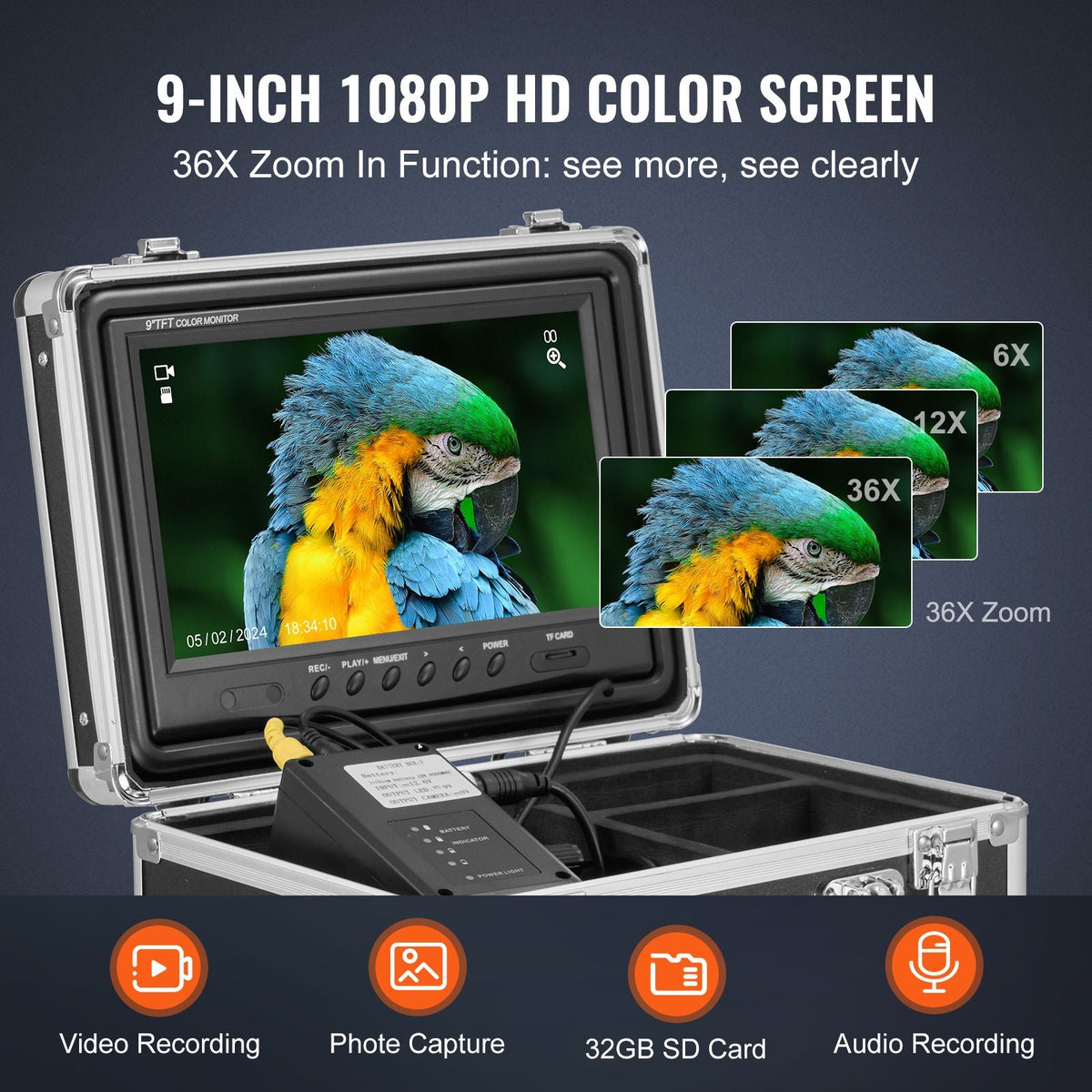 Sewer Camera with 512Hz Locator, 98 ft/30 m, Self-Leveling Drain Inspection Camera with 9" 1080P HD Screen, 36X Zoom, Snake Plumbing Camera with Lights-12 LED, 32GB SD Card for Duct Pipe