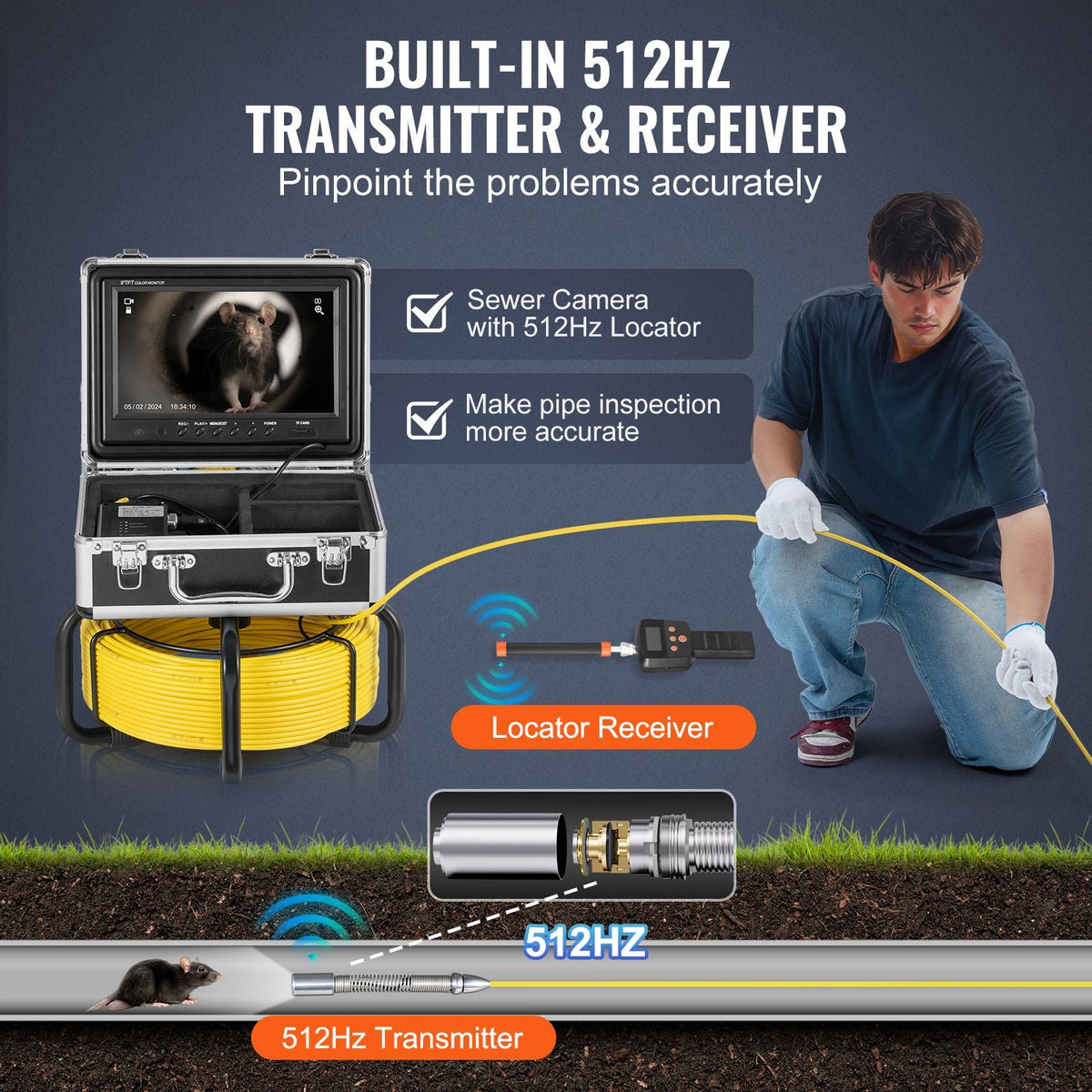 Sewer Camera with 512Hz Locator, 98 ft/30 m, Self-Leveling Drain Inspection Camera with 9" 1080P HD Screen, 36X Zoom, Snake Plumbing Camera with Lights-12 LED, 32GB SD Card for Duct Pipe