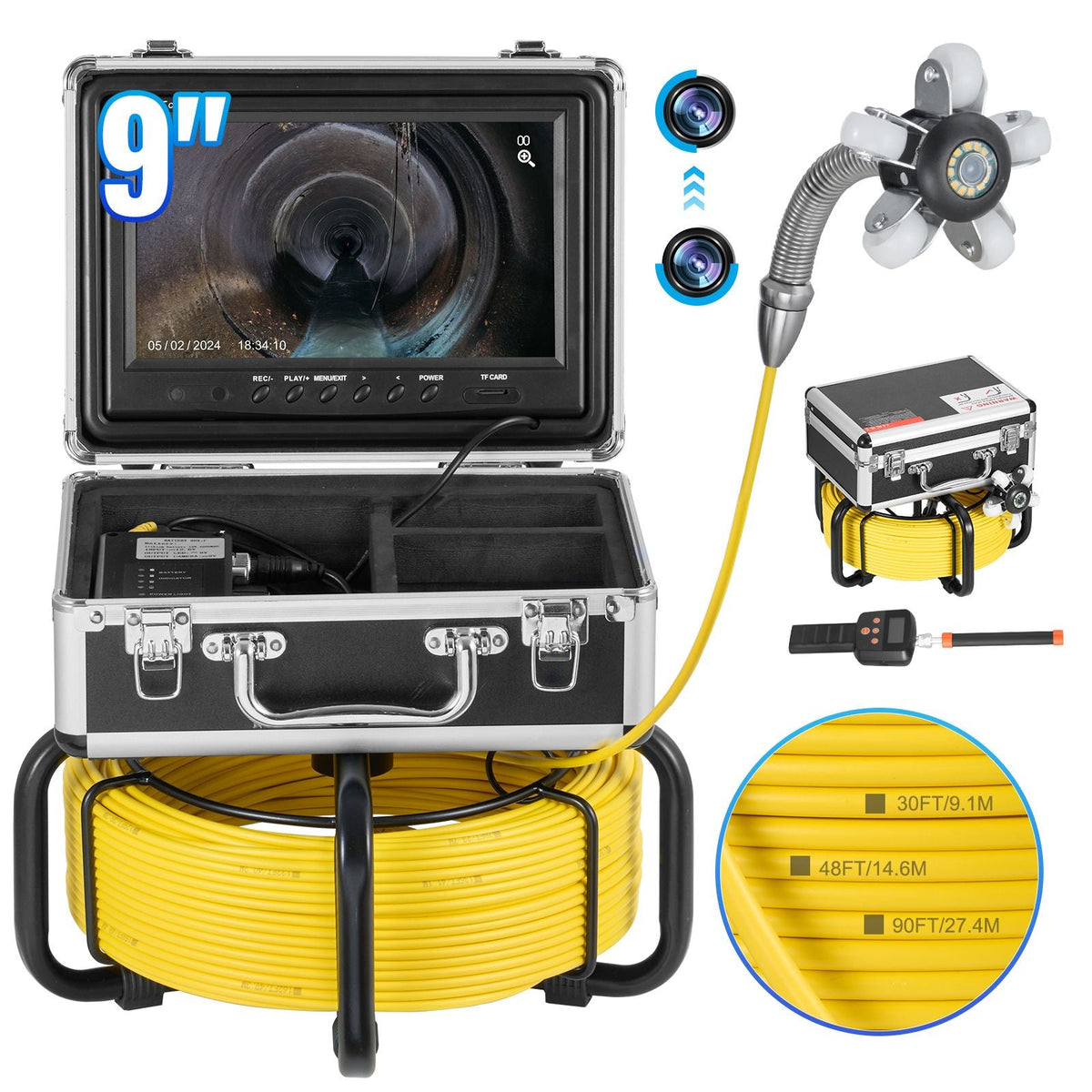 Sewer Camera with 512Hz Locator, 98 ft/30 m, Self-Leveling Drain Inspection Camera with 9" 1080P HD Screen, 36X Zoom, Snake Plumbing Camera with Lights-12 LED, 32GB SD Card for Duct Pipe