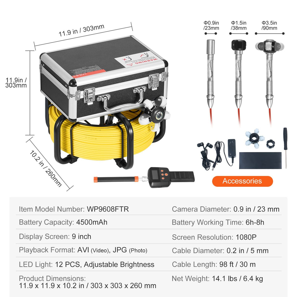 Sewer Camera with 512Hz Locator, 98 ft/30 m, Self-Leveling Drain Inspection Camera with 9" 1080P HD Screen, 36X Zoom, Snake Plumbing Camera with Lights-12 LED, 32GB SD Card for Duct Pipe