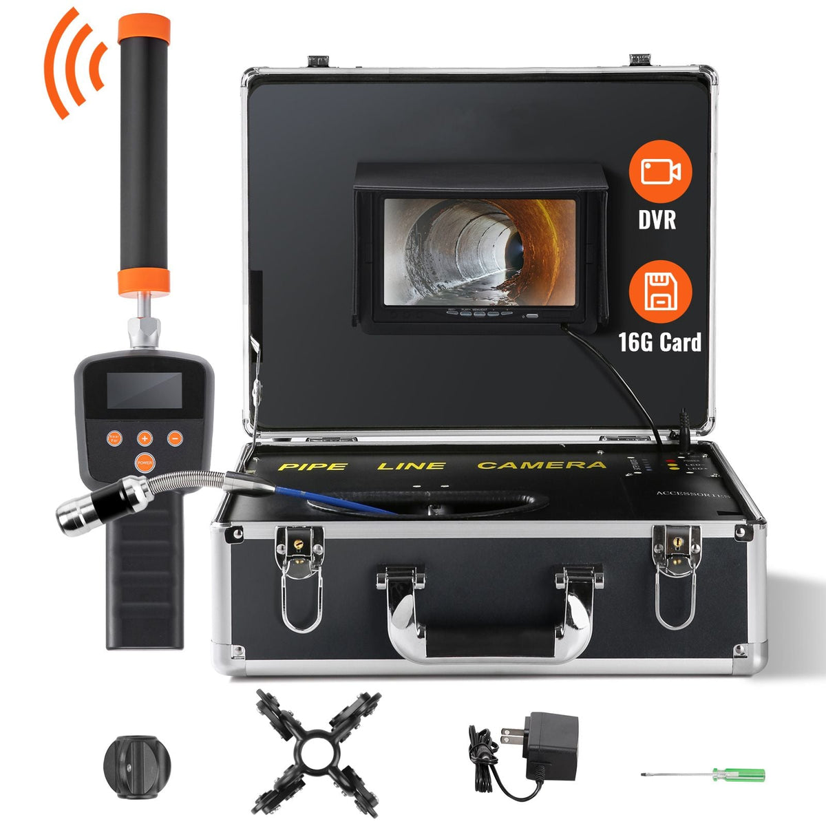 Sewer Camera with 512Hz Locator,100 ft/30 m, 7" Pipeline Inspection Camera with DVR Function, IP68 Camera with 12 Adjustable LEDs, A 16 GB SD Card for Sewer Line, Home, Duct Drain Pipe Plumbing