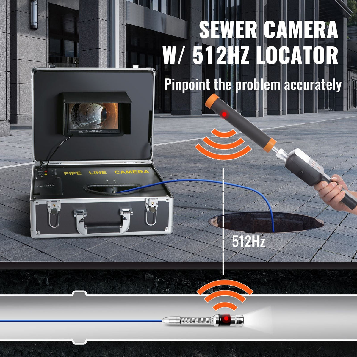 Sewer Camera with 512Hz Locator,100 ft/30 m, 7" Pipeline Inspection Camera with DVR Function, IP68 Camera with 12 Adjustable LEDs, A 16 GB SD Card for Sewer Line, Home, Duct Drain Pipe Plumbing