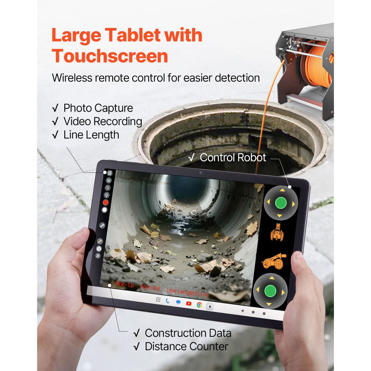 Sewer Pipe Inspection Robot, 197FT Pipeline Detection Crawling Robot with 2MP Front/Rear Cameras & Touchscreen Tablet, IP68 Plumbing Camera with Lights & Distance Counter for Industrial Pipes