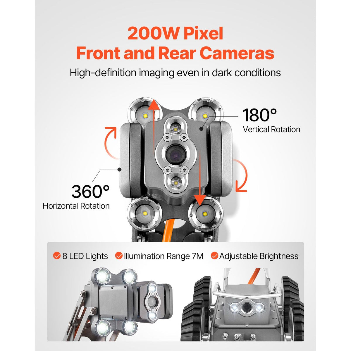 Sewer Pipe Inspection Robot, 197FT Pipeline Detection Crawling Robot with 2MP Front/Rear Cameras & Touchscreen Tablet, IP68 Plumbing Camera with Lights & Distance Counter for Industrial Pipes