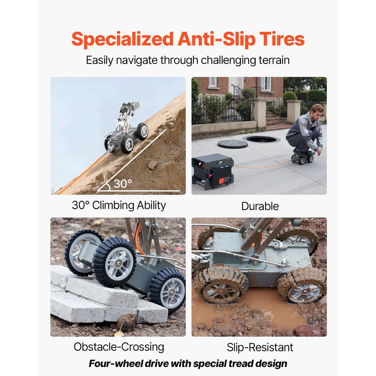 Sewer Pipe Inspection Robot, 197FT Pipeline Detection Crawling Robot with 2MP Front/Rear Cameras & Touchscreen Tablet, IP68 Plumbing Camera with Lights & Distance Counter for Industrial Pipes