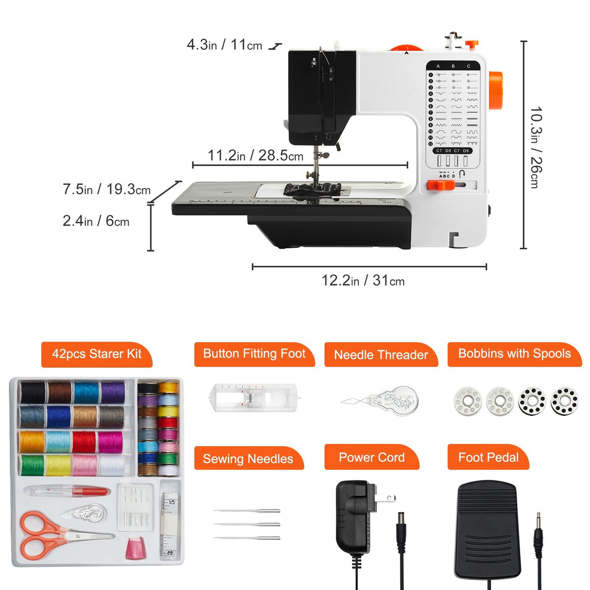 Sewing Machine, Portable Sewing Machine for Beginners with 38 Built-in Stitches & Reverse Sewing, Dual Speed Sewing Machine with Extension Table Foot Pedal, Accessory Kit Family Home Travel