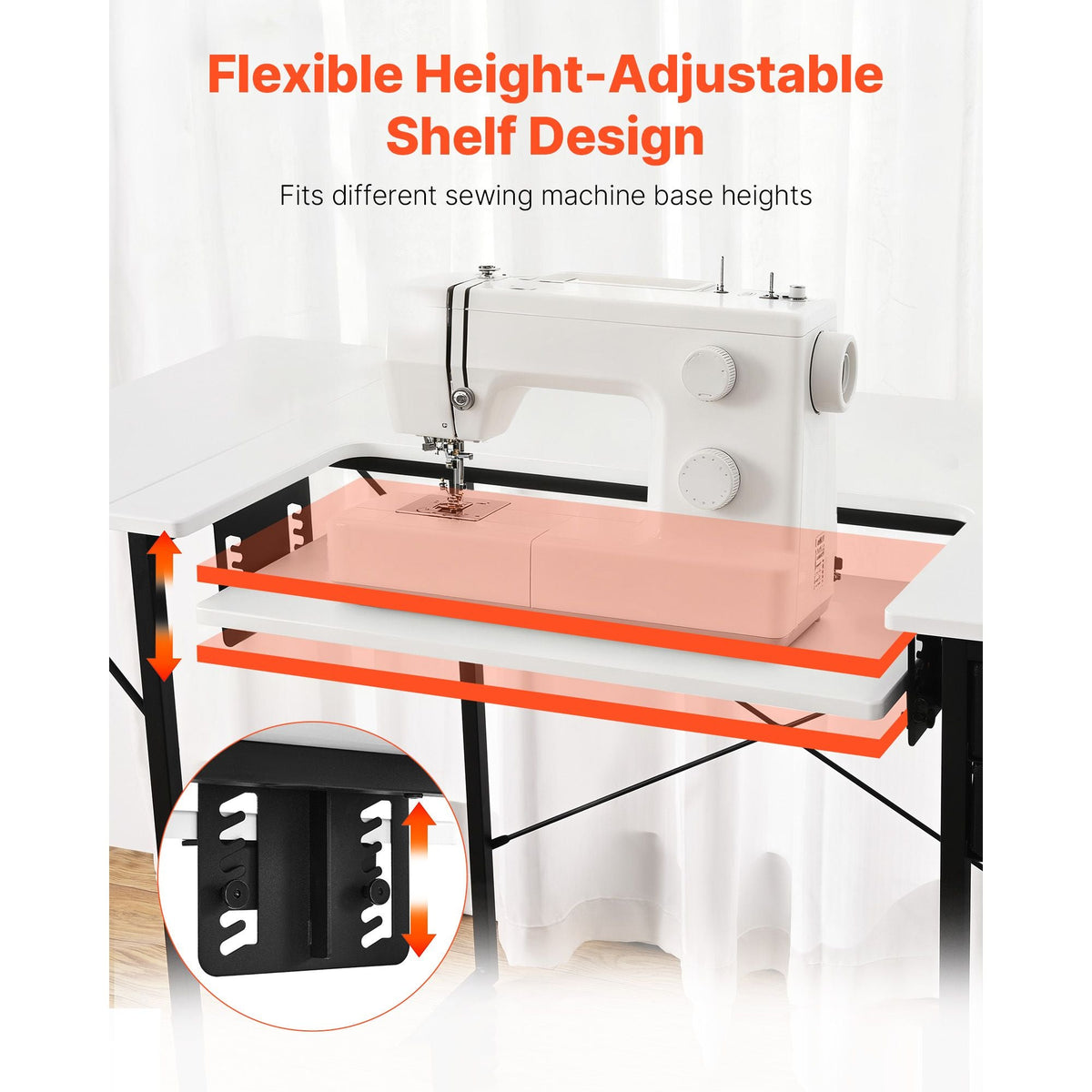 Sewing Table, Multipurpose Sewing Machine Table with Foldable Side Shelf, Adjustable Shelf, Steel Legs, Computer Desk for Home, Fashion Studio, Art Studio, Educational Institution, White