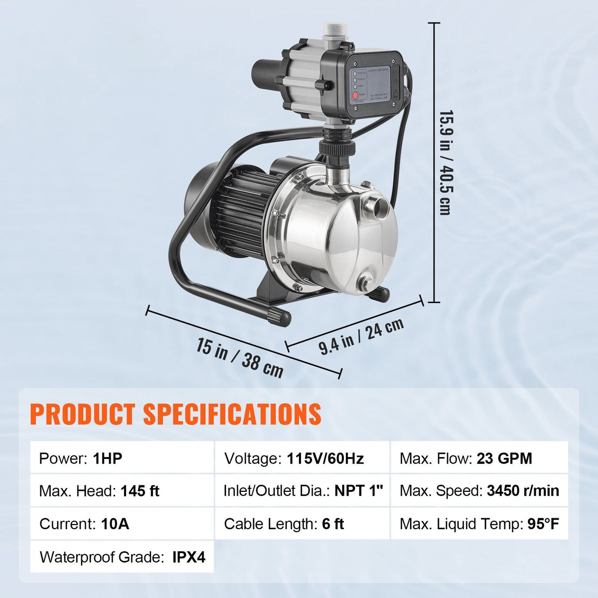 Shallow Well Pump, 1HP 115V, 1200 GPH 145 ft Head, Portable Stainless Steel Sprinkler Booster Jet Pumps with Automatic Controller for Garden Lawn Irrigation system, Water Transfer