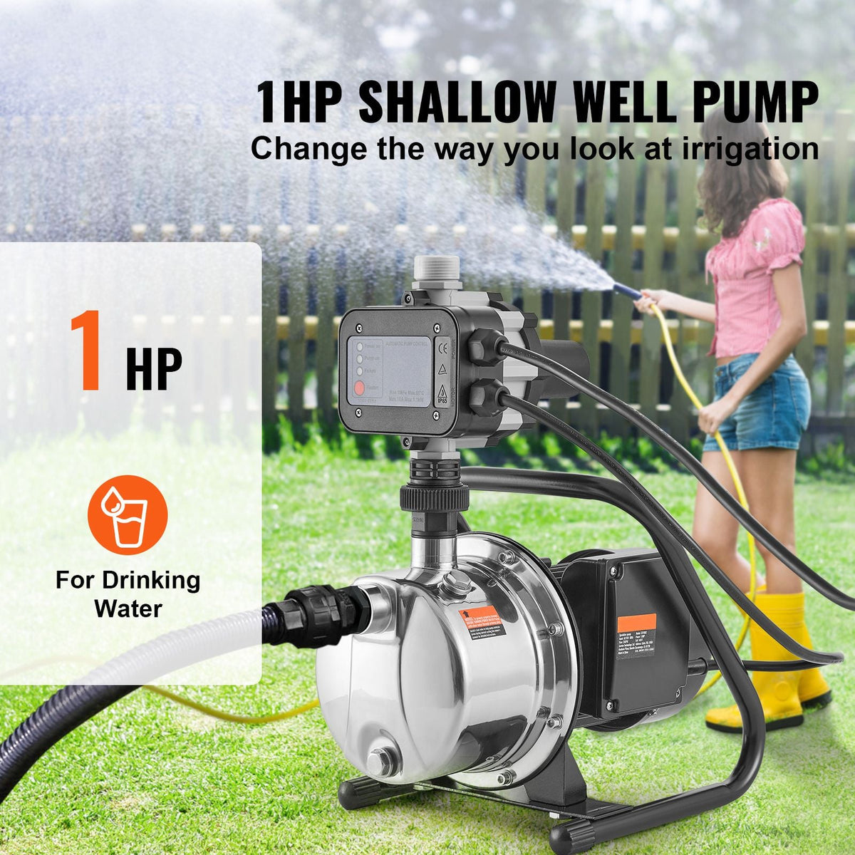 Shallow Well Pump, 1HP 115V, 1200 GPH 145 ft Head, Portable Stainless Steel Sprinkler Booster Jet Pumps with Automatic Controller for Garden Lawn Irrigation system, Water Transfer