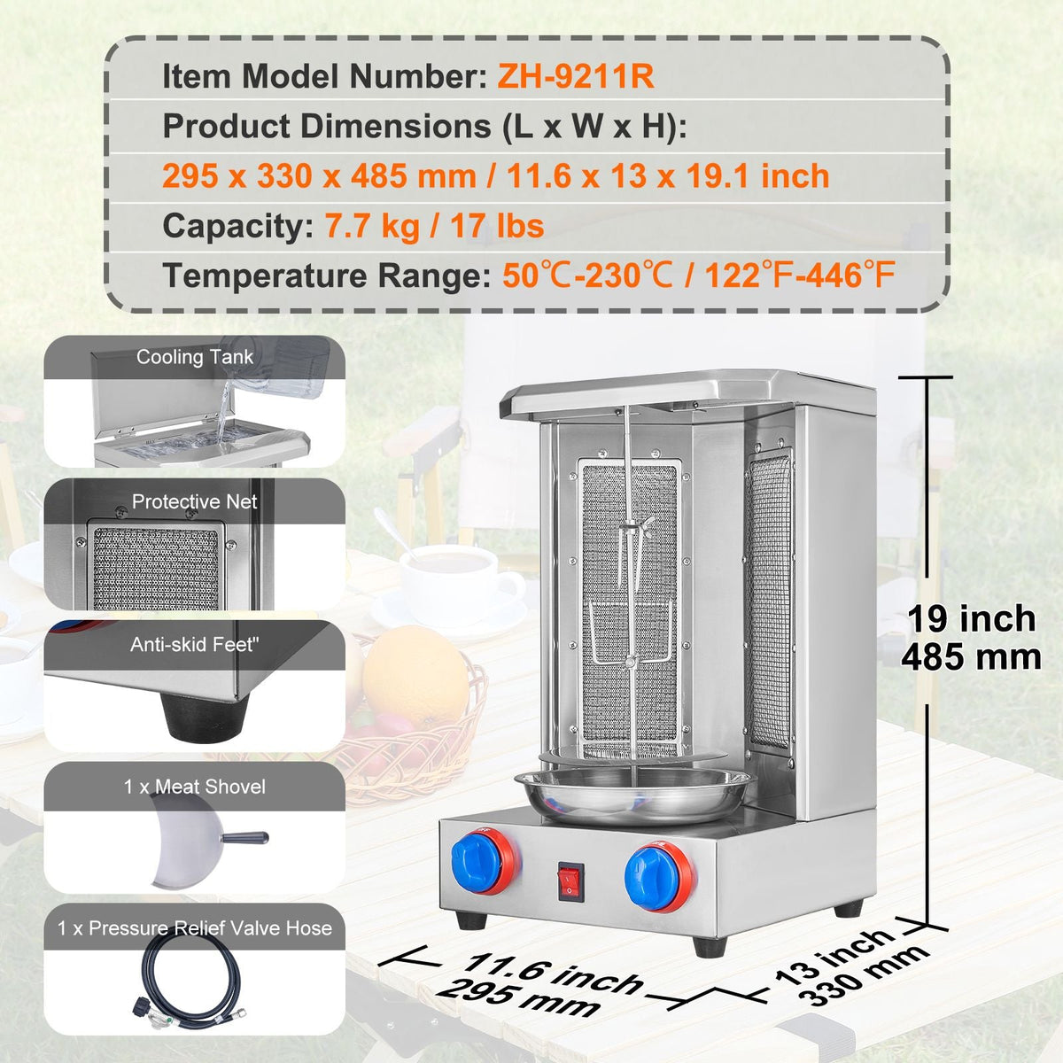 Shawarma Grill Machine, 13 lbs Capacity, Chicken Shawarma Cooker Machine with 2 Burners, Gas Vertical Broiler Gyro Rotisserie Oven Doner Kebab Machine, for Home Restaurant Kitchen Parties