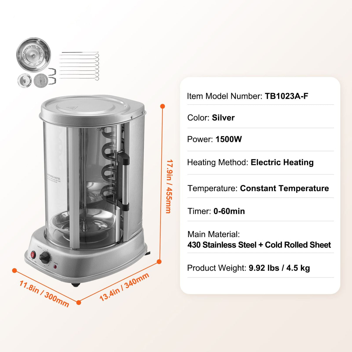 Shawarma Grill Machine, Vertical Chicken Shawarma Cooker Machine Countertop, Electric Stainless Steel Broiler Gyro Rotisserie Oven Doner Kebab Machine, for Home Restaurant Kitchen Parties