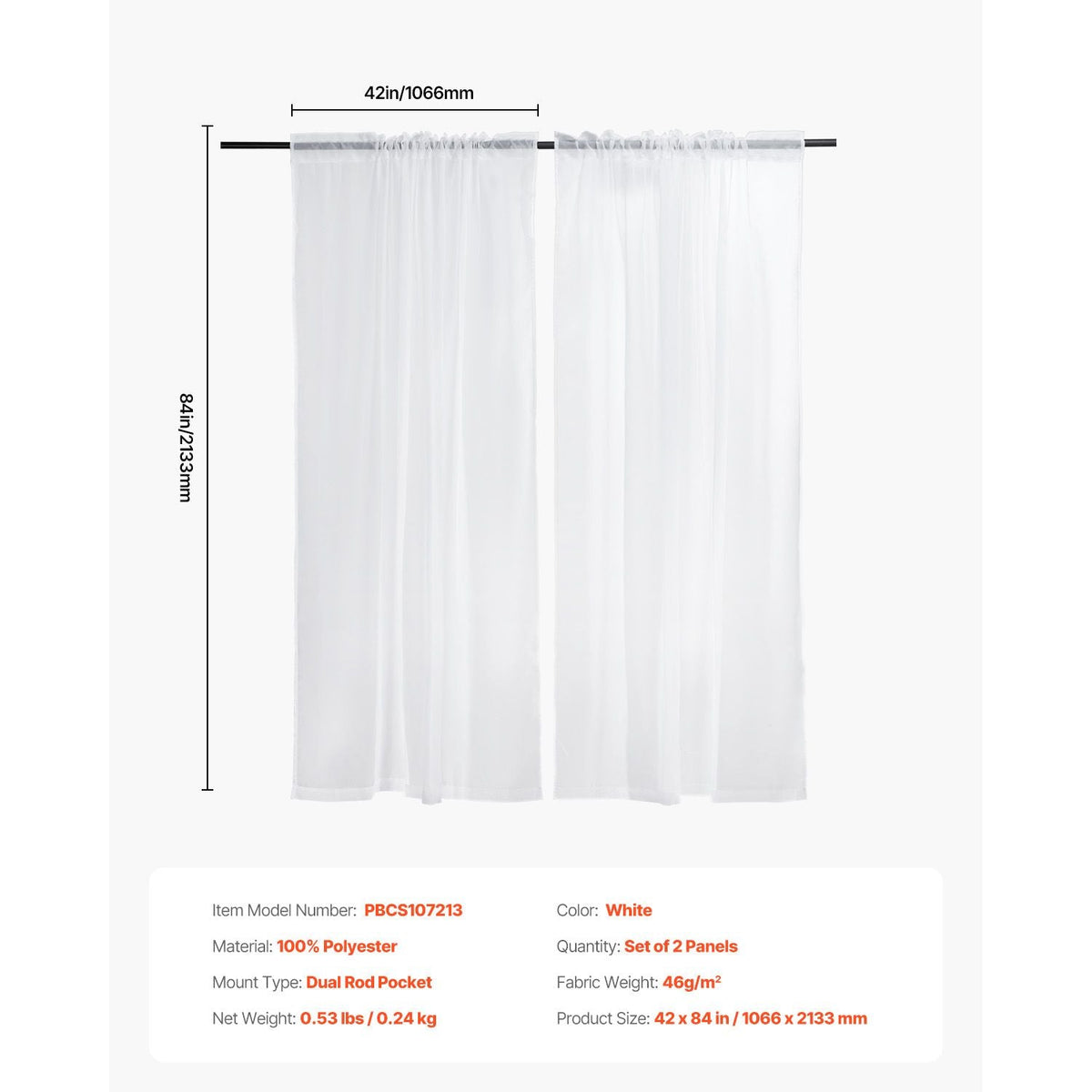 Sheer Curtains, 84 inches Long, 2 Panels Set Sheer White Curtains, Each 42" W x 84" L, Dual Rod Pocket Installation, 100% Polyester Window Drapes for Bedroom, Living Room, Balcony, Yard