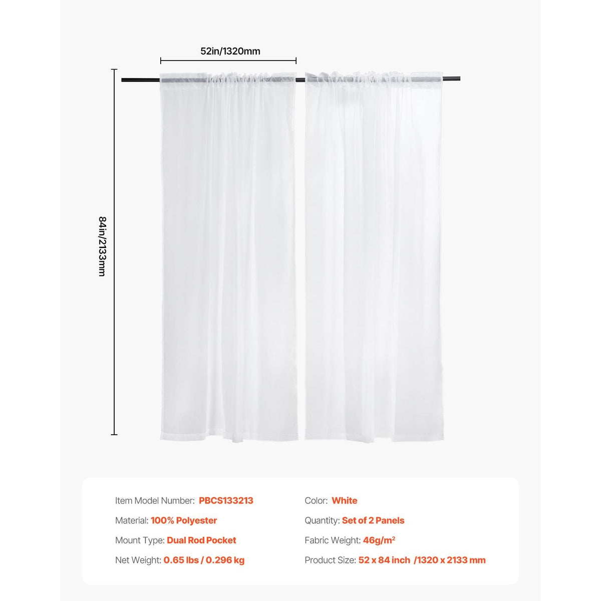 Sheer Curtains, 84 inches Long, 2 Panels Set Sheer White Curtains, Each 52" W x 84" L, Dual Rod Pocket Installation, 100% Polyester Window Drapes for Bedroom, Living Room, Balcony, Yard