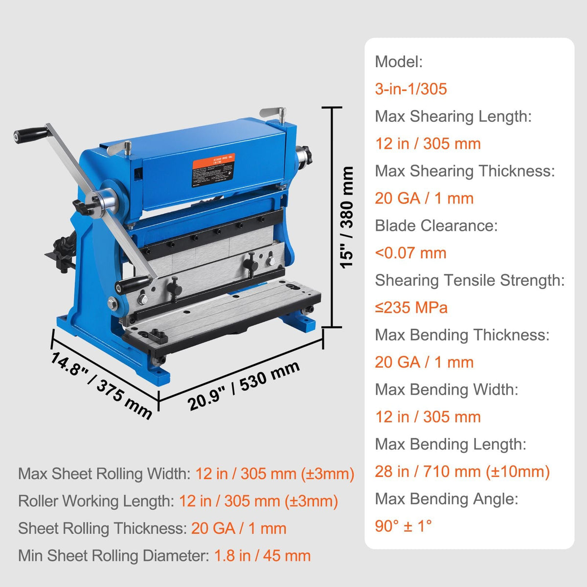 Sheet Metal Brake, 12-inch, 3-In-1 Combination Shear Brake Roll Machine, 20-Gauge Capacity Shear Press Brake with 90° Max Bending Angle, Shears and Slip Roll Machine for Shear Bending Rolling