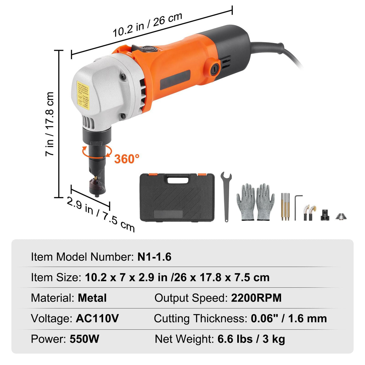 Sheet Metal Nibbler, 550W Powerful 2200 RPM High Speed, 360 Degree Rotation Electric Nibbler Metal Cutter, Straight Curve and Circle Cutting for Stainless Steel, Aluminum, Plastic, Wood Board