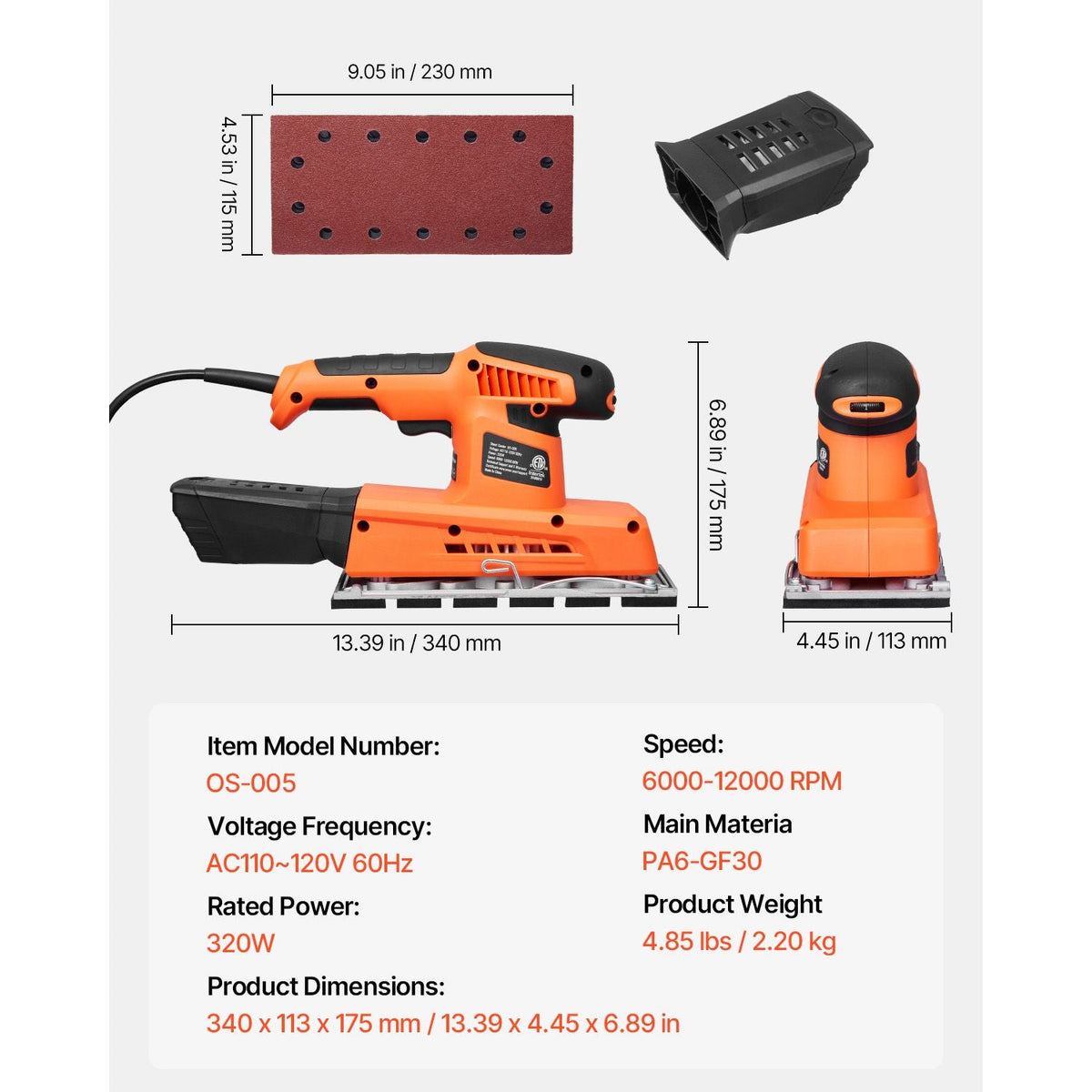 Sheet Sander, 1/2 Sheet 2.5A Electric Sander for Woodworking, Max. 12000RPM Variable Speed Sheet Finishing Sander with Sandpaper and Dust Box for Wood Polishing Sanding