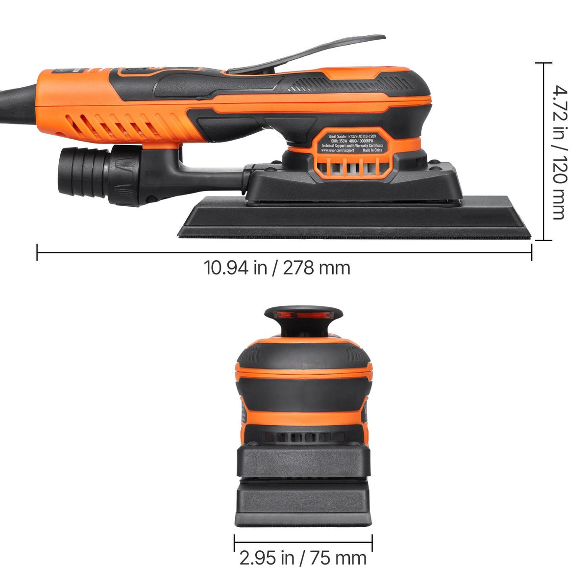 Sheet Sander, 3/8 Sheet 3A EC Brushless Sander, Max. 10000RPM Variable Speed Sheet Finishing Sander with 10PCS Sandpapers and Vacuum Cleaner Adapter for Woodworking